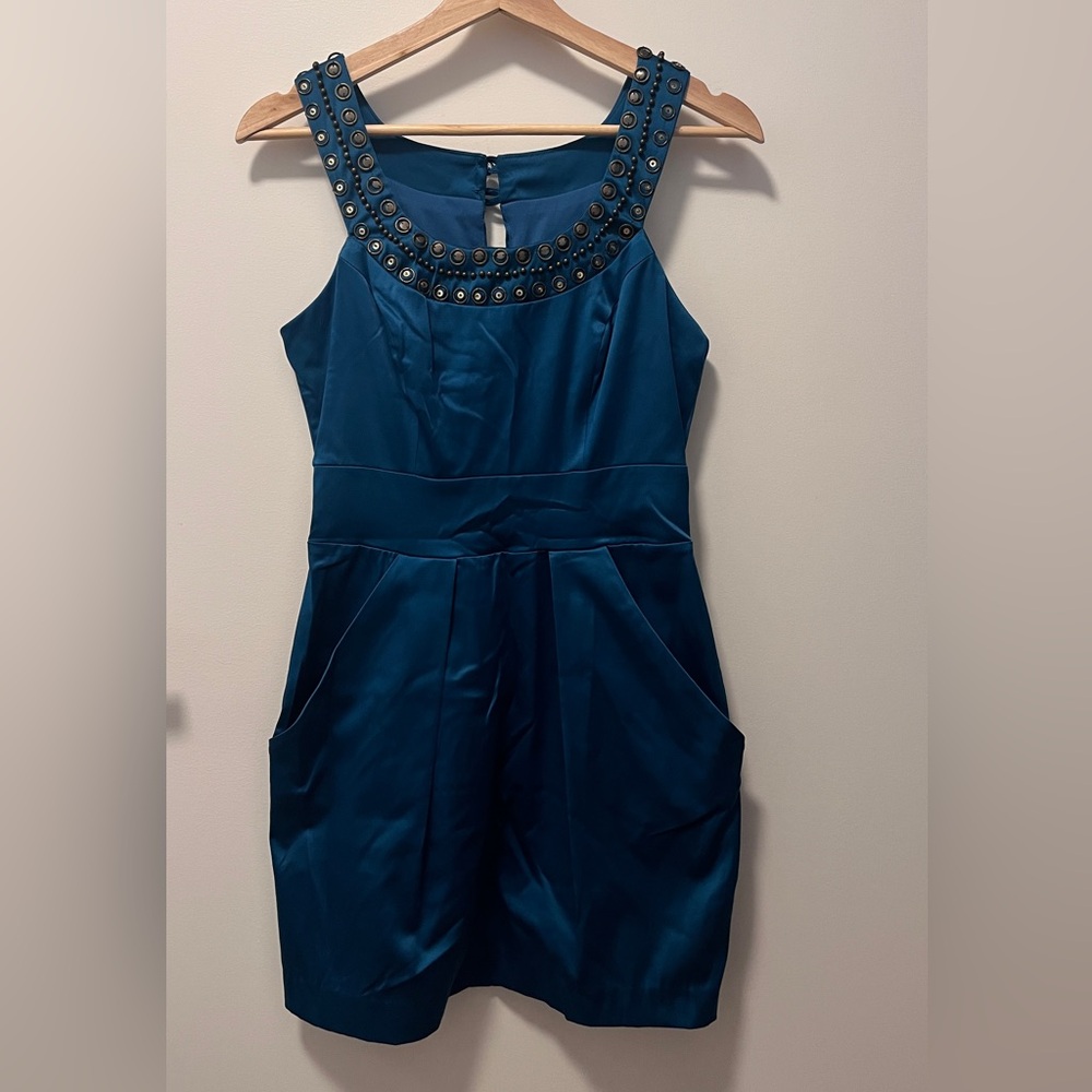 Elegant Teal Dress with Studded Neckline